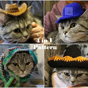 Set di modelli all'uncinetto 4 in 1 cappelli per gatti/ Cappello da cowboy per gatti/ Berretto da baseball per gatti/ Cappello sombrero per gatti/ Sciarpa Babushka per gatti