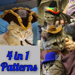 Crochet Cat Hats Pattern: Cowboy, Baseball, Pirate, Rasta (PDF Download)