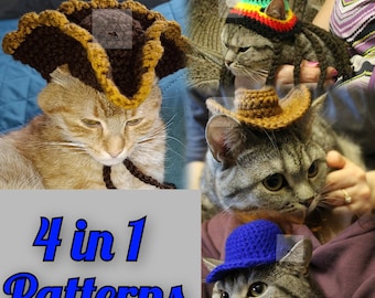 May include: A collage of four cats wearing crocheted hats. The hats include a pirate hat, a cowboy hat, a blue cap, and a Rasta-style hat. The text "4 in 1 Patterns" is displayed in blue.