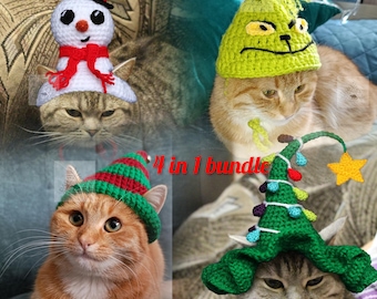 May include: A collage of four cats wearing crocheted hats. The hats include a snowman, a Grinch, a Christmas tree, and a red and green striped elf hat. The text "4 in 1 bundle" is visible.
