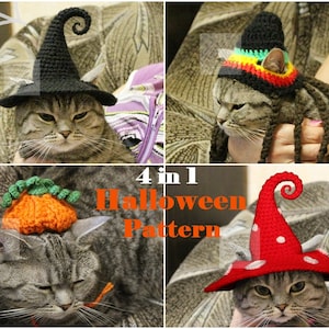 Halloween Cat Hats Crochet Pattern: 4-in-1 Witch, Rasta, Pumpkin, Mushroom (PDF Pattern)