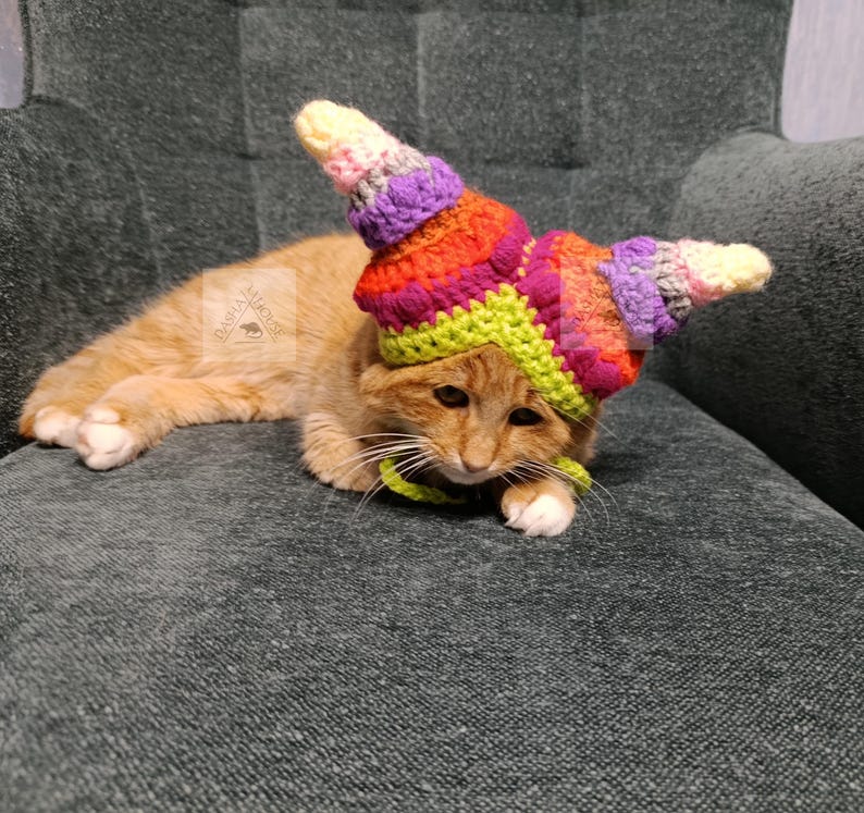 May include: An orange tabby cat wearing a colorful, crocheted hat with a spiral design. The hat features shades of yellow, green, orange, purple, and pink. The cat is lying on a gray upholstered surface.