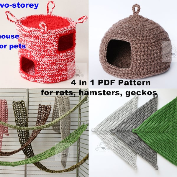 Crochet PDF Patterns set 4 in 1/ Hamster cage set/ Rat hammock cage set/ Sugar glider hideout set/ Gecko hammock cage set