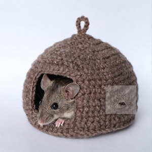 May include: A brown crocheted dome-shaped pet house with a small circular opening at the front. A small grey mouse is peeking out from the entrance. A square logo with the text DASHA HOUSE and a mouse icon is visible on the side.