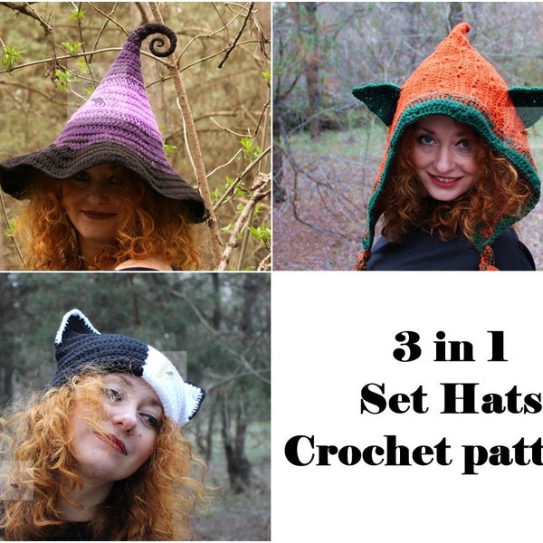 Set cappelli 3 in 1 modello all'uncinetto / modello uncinetto cappello da strega di Halloween / modello uncinetto cappuccio fata elfo / modello uncinetto orecchie di gatto Beanie