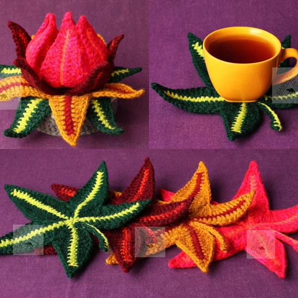 Leaves no sew coasters set crochet pattern/ Autumn forest coasters set/ Surprise Crochet coasters set/ PDF Pattern - 4 coasters + pot