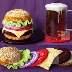 Burger drink coasters set crochet pattern/ Surprise Coaster set pattern/ Beer party Coaster set pattern/ PDF Pattern - 6 breakfast coasters