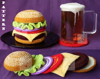 Burger drink coasters set crochet pattern/ Surprise Coaster set pattern/ Beer party Coaster set pattern/ PDF Pattern - 6 breakfast coasters