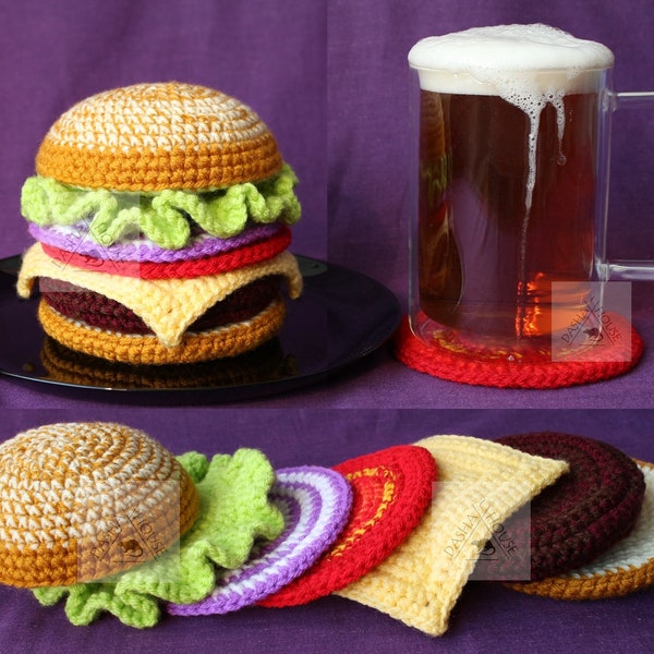 Hamburger onderzetters set haakpatroon/ Surprise Coaster set patroon/ Bierfeestje Coaster set patroon/ PDF Patroon - 6 ontbijt onderzetters