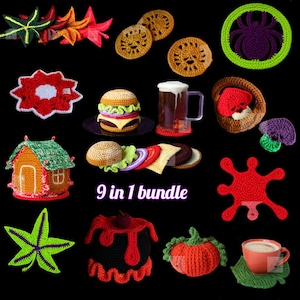 May include: A 9 in 1 bundle of various crocheted items including a burger, a beer mug, a gingerbread house, a pumpkin, a spider web, leaves, and a cauldron. The collection features colorful yarn textures in red, green, orange, brown, and purple.