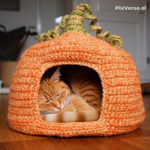 Pode incluir: Uma cama para gatos laranja de crochê em forma de abóbora, com uma haste verde e uma videira encaracolada. Um gato malhado laranja está dormindo dentro da cama. A cama está em um chão de madeira.