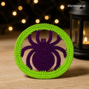 May include: A crocheted Halloween decoration featuring a purple spider within a green circular frame. The spider has eight legs and a detailed body. The frame is a bright green color. The background includes a lantern and bokeh lights.