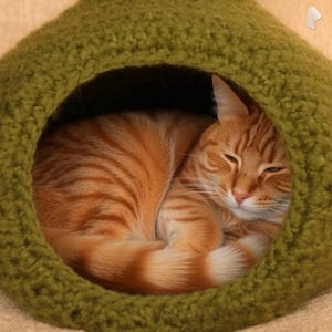May include: An orange tabby cat curled up inside a green, knitted cat cave. The cat is sleeping with its eyes closed. The cat cave is a cozy, enclosed space, providing a sense of security. The texture of the knitted material is visible.