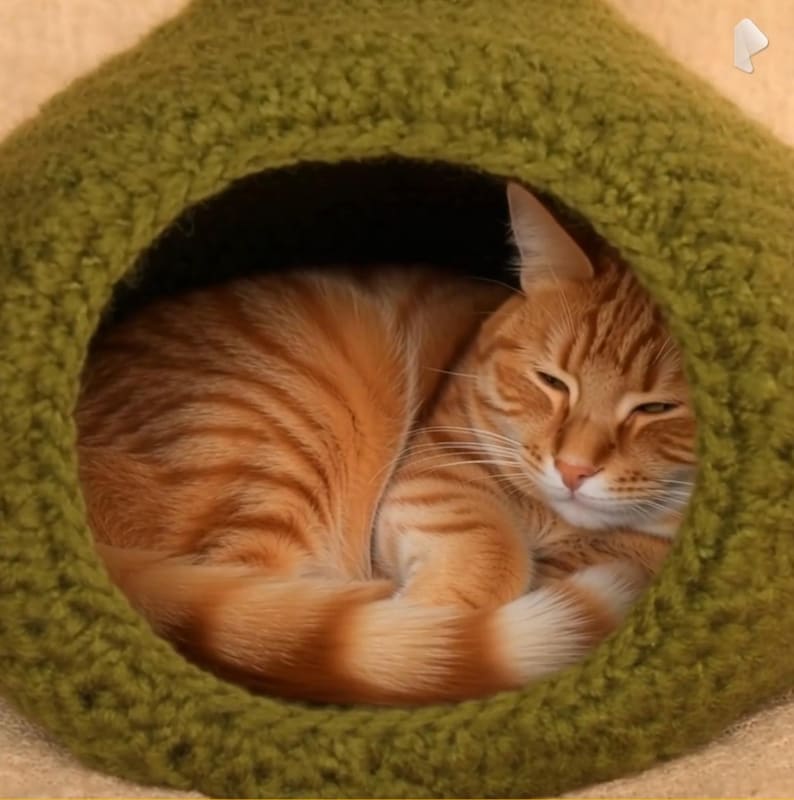 May include: An orange tabby cat curled up inside a green, knitted cat cave. The cat is sleeping with its eyes closed. The cat cave is a cozy, enclosed space, providing a sense of security. The texture of the knitted material is visible.