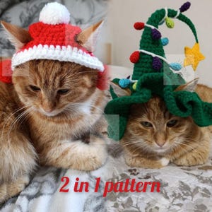 Wzór na szydełkowe czapki świąteczne dla kotów: Zestaw 2 w 1 z Mikołajem i choinką (do pobrania w formacie PDF)