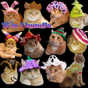 Peut inclure: Plusieurs chats roux portant des chapeaux et costumes crochetés. Les chapeaux comprennent des oreilles de lapin, une couronne, un cerveau, un visage de Grinch, un béret, une citrouille et un fantôme. Le texte "15 in 1 bundle" est affiché.