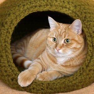 May include: An orange tabby cat rests inside a green, crocheted cat cave. The cat has green eyes and is lying down, looking towards the viewer. The cat cave is round with a large opening.