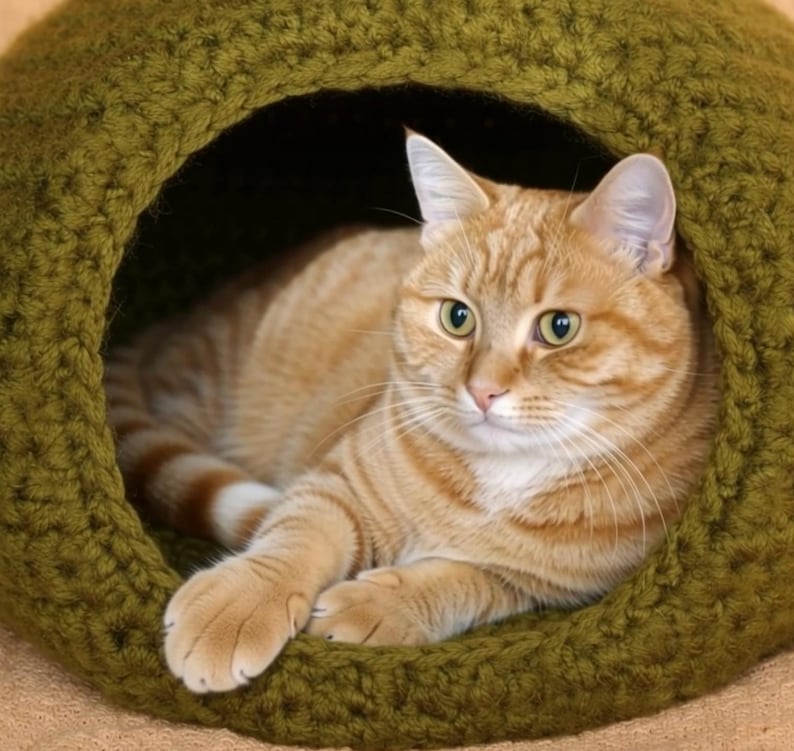 May include: An orange tabby cat rests inside a green, crocheted cat cave. The cat has green eyes and is lying down, looking towards the viewer. The cat cave is round with a large opening.