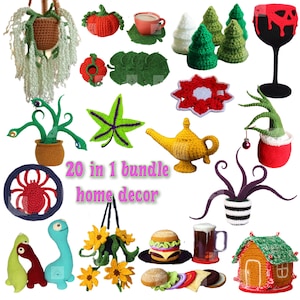 May include: A collection of twenty crocheted items including a hanging plant, pumpkins, leaf coasters, pine trees, a wine glass cover, a star, a yellow lamp, a spider, a purple octopus, sunflowers, a burger, a beer mug, and a house.