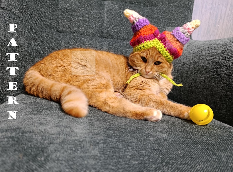 May include: An orange tabby cat wearing a colorful, crocheted hat with two cone-shaped points. The cat is lying on a gray sofa next to a yellow ball. The word "PATTERN" is written vertically on the left.