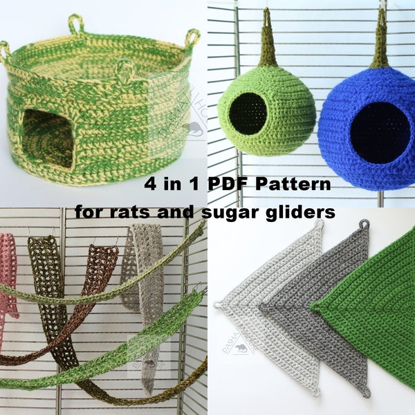 Crochet PDF Patterns set 4 in 1 Sugar glider cage set/ Rat cage set/ Hamster hideout set/ Rat hammock set/ Gecko cage set