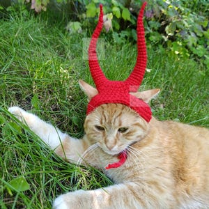 May include: A bright red crocheted headpiece featuring two tall, curved, textured horns that extend upward. The accessory is designed with a band that fits around the head and includes a small tie closure under the chin to secure it in place.
