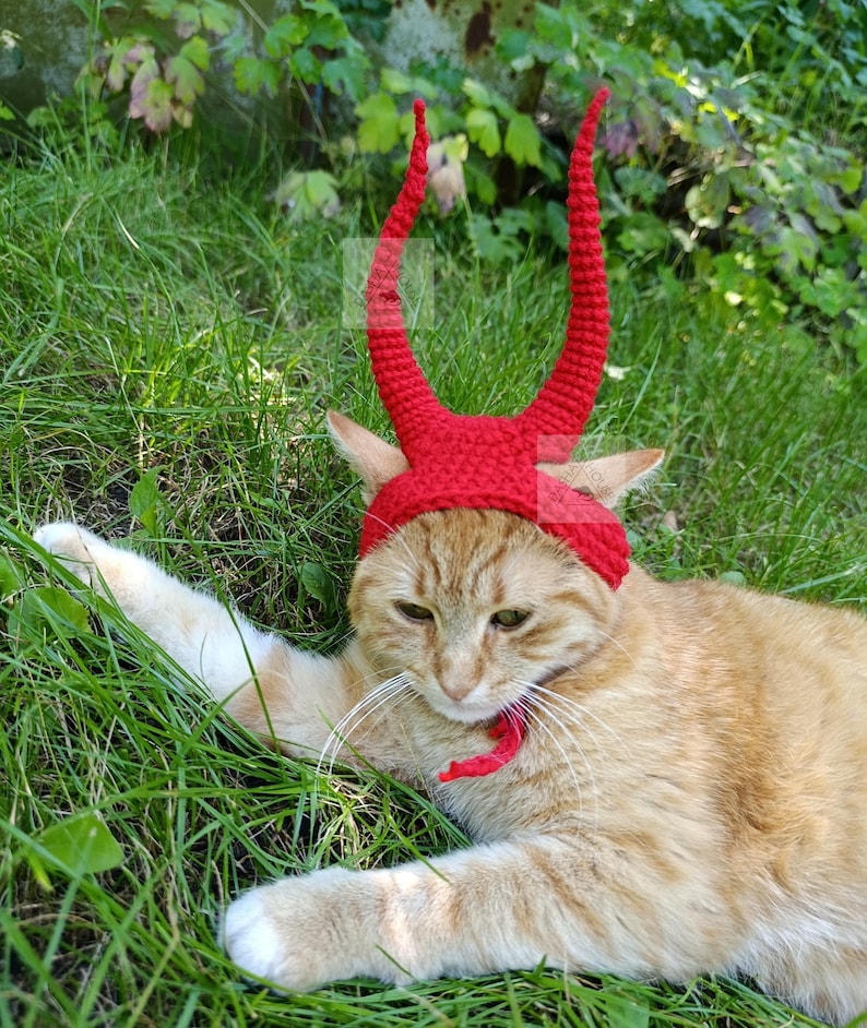 May include: A bright red crocheted headpiece featuring two tall, curved, textured horns that extend upward. The accessory is designed with a band that fits around the head and includes a small tie closure under the chin to secure it in place.