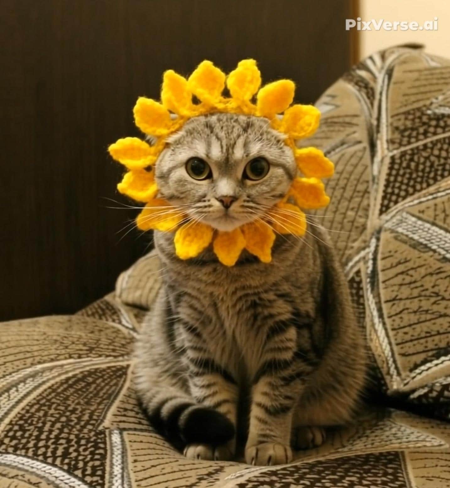 猫用ひまわり帽子の編み図、犬用帽子、夏のペット用コスチューム（PDF