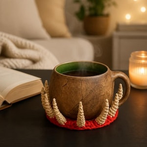 May include: A brown ceramic mug with a cracked texture and a green interior, resting inside a red crocheted base featuring several pointed, cream-colored, cone-shaped protrusions that encircle the bottom of the mug like teeth.