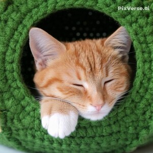 K&ouml;nnte beinhalten: Eine Ingwerkatze mit geschlossenen Augen ruht in einem gr&uuml;nen, geh&auml;kelten Katzenbett. Die Pfote der Katze mit wei&szlig;en Pfoten ruht am Rand des Bettes. Das Bett ist kreisf&ouml;rmig mit einem Loch in der Mitte.
