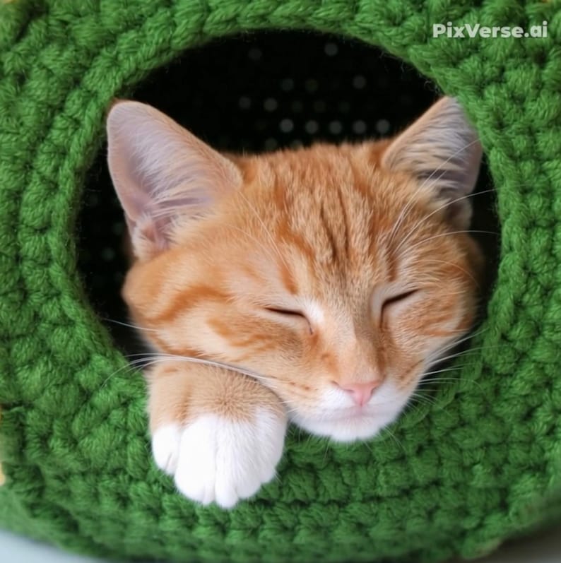K&ouml;nnte beinhalten: Eine Ingwerkatze mit geschlossenen Augen ruht in einem gr&uuml;nen, geh&auml;kelten Katzenbett. Die Pfote der Katze mit wei&szlig;en Pfoten ruht am Rand des Bettes. Das Bett ist kreisf&ouml;rmig mit einem Loch in der Mitte.