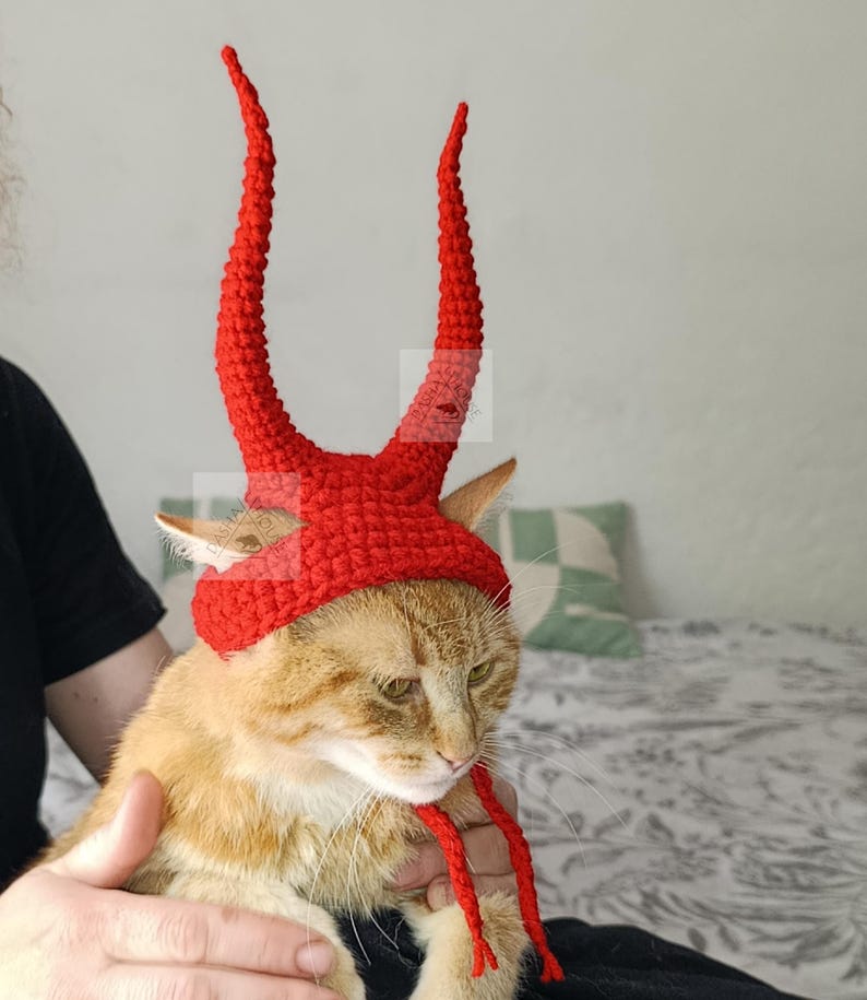 Cat Hat with Horns Crochet Pattern/ Funny Pet Costume/ Dog Devil Horns (PDF Download) image 8