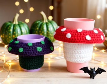 Mushroom Cup Cozy Crochet Pattern/ Easy Halloween Coffee Sleeve (PDF Download)