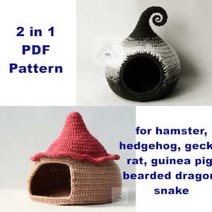 May include: Two crochet pet beds, one with a pointed roof and the other with a curled roof. The beds are beige and brown with red and gray accents. The text "2 in 1 PDF Pattern" is in the top left corner. The text "for hamster, hedgehog, gecko, rat, guinea pig, bearded dragon, snake" is in the bottom right corner.