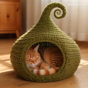 May include: A cozy, olive green, crocheted cat bed shaped like a pod with a curled top. An orange tabby cat is curled up inside, sleeping peacefully. The bed is on a wooden floor.