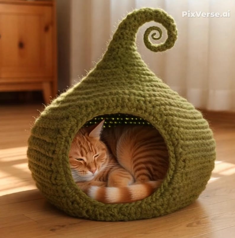 May include: A cozy, olive green, crocheted cat bed shaped like a pod with a curled top. An orange tabby cat is curled up inside, sleeping peacefully. The bed is on a wooden floor.