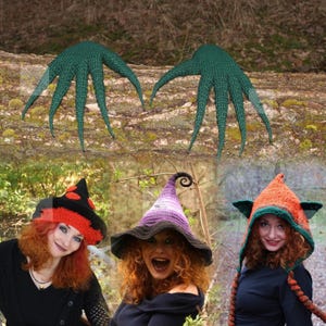 May include: A collection of handmade witch hats in various styles and colors. The hats include a black and red pointed hat, a purple and black wide-brimmed hat, and an orange and green hooded hat with pointed ears. Two green, tentacle-like hats are also featured.