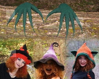 Conjunto de patrones de ganchillo para Halloween: Sombrero de bruja, capucha de hada, guantes de monstruo (descarga en PDF)