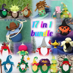 May include: A collection of 17 crochet gnome patterns in a variety of styles. The gnomes are in various colors and designs, including a cowboy, a witch, and a Christmas tree. The text "17 in 1 bundle" is displayed.