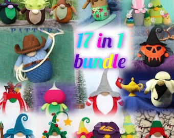 May include: A collection of 17 crochet gnome patterns in a variety of styles. The gnomes are in various colors and designs, including a cowboy, a witch, and a Christmas tree. The text "17 in 1 bundle" is displayed.