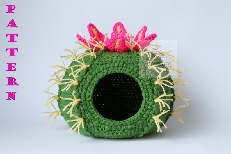 K&ouml;nnte beinhalten: Ein geh&auml;keltes Objekt in Kaktusform mit einer gro&szlig;en &Ouml;ffnung. Der Kaktus ist gr&uuml;n mit gelben Garnstacheln und einer rosa-gelben Bl&uuml;te oben. Das Wort "PATTERN" steht vertikal in rosa Buchstaben auf der linken Seite.