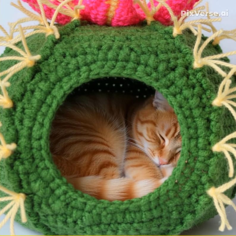 K&ouml;nnte beinhalten: Ein gr&uuml;nes, geh&auml;keltes Katzenbett in Form eines Kaktus, mit einer schlafenden, orangefarbenen Katze darin. Das Bett hat gelbe Akzente und eine rosa-gelbe Bl&uuml;te. Die Katze ist zusammengerollt und scheint friedlich zu schlafen. Ein gem&uuml;tliches Katzenzubeh&ouml;r.