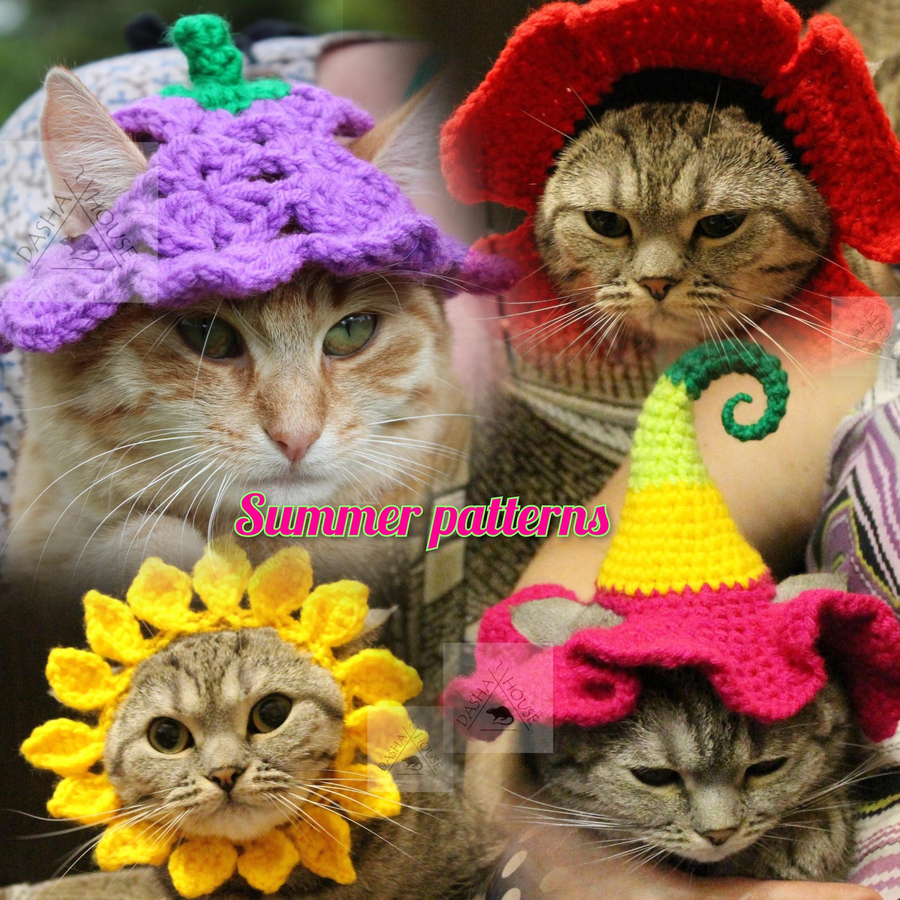 かぎ針編みの猫用帽子パターンセット、夏の花柄犬服（PDFダウンロード