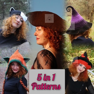 Crochet Hat Pattern 5 in 1: Witch, Elf fairy, Cat, Mushroom, Pirate (PDF Download)