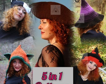 Patrón de gorro de crochet 5 en 1: Bruja, Hada, Gato, Hongo y Pirata (Descarga PDF)