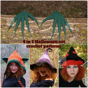 4 in 1 Set Halloween PDF Muster/ Hexenhut Häkelanleitung/ Wald Fee Haube Muster/ Monster Hände Handschuhe Muster/ Pilz Hut häkeln