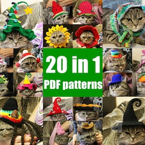 20 in 1 SET hats for cat Crochet pattern/ Summer hat for cat pattern/ Halloween hats cat/ Xmast hats for cat pattern/ Party Hats Cat