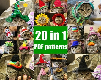 20 in 1 SET hats for cat Crochet pattern/ Summer hat for cat pattern/ Halloween hats cat/ Xmast hats for cat pattern/ Party Hats Cat