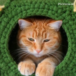K&ouml;nnte beinhalten: Eine rot getigerte Katze mit gr&uuml;nen und blauen Augen blickt aus einem gr&uuml;nen, geh&auml;kelten Katzenbett. Die Pfoten der Katze sind sichtbar, und das Bett hat eine kreisf&ouml;rmige &Ouml;ffnung. Das Fell der Katze ist eine Mischung aus Orange und Wei&szlig;.
