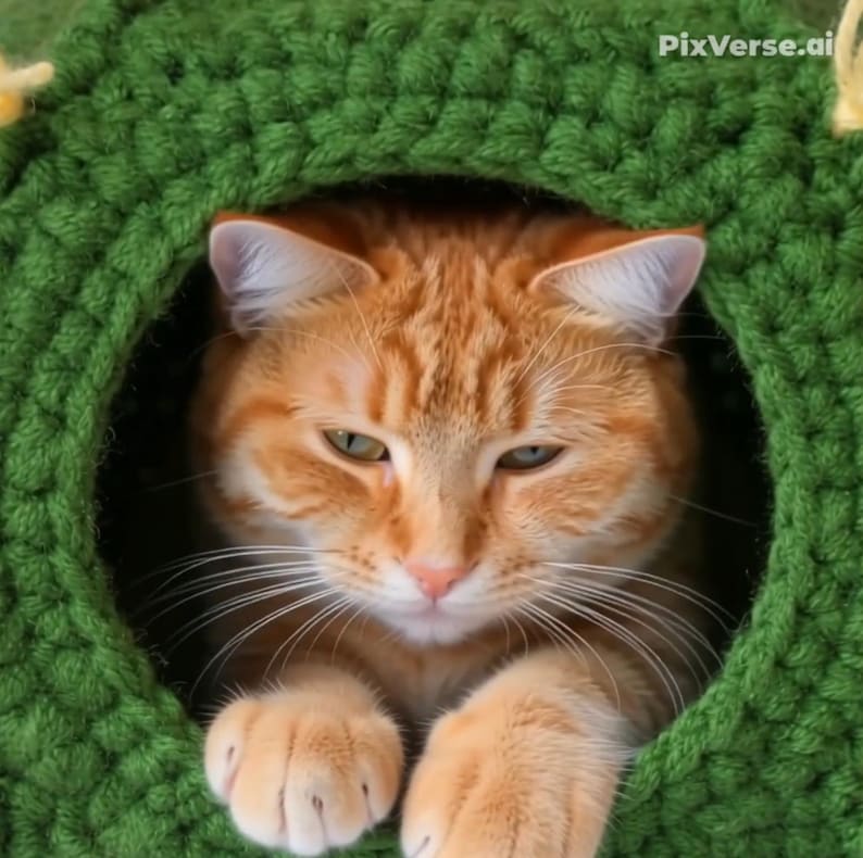 K&ouml;nnte beinhalten: Eine rot getigerte Katze mit gr&uuml;nen und blauen Augen blickt aus einem gr&uuml;nen, geh&auml;kelten Katzenbett. Die Pfoten der Katze sind sichtbar, und das Bett hat eine kreisf&ouml;rmige &Ouml;ffnung. Das Fell der Katze ist eine Mischung aus Orange und Wei&szlig;.